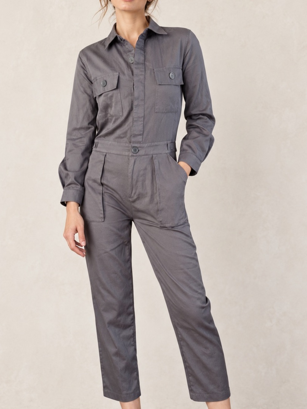 Max Studio Gray Pique Utility Boiler Jumpsuit Adjustable Waist Sz Small